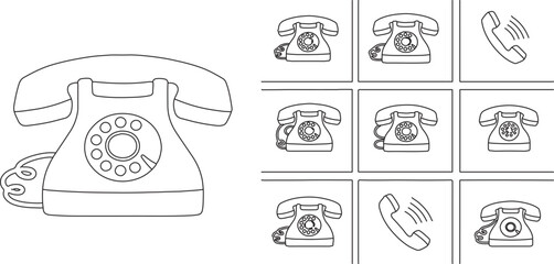 Vintage Rotary Phone Icon Set Line Art Illustration Communication Technology Design