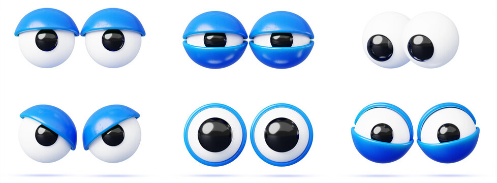 Googly eyes 3d set, comic character eyeballs with blue eyelids isolated on white background. Cartoon mascot looking down, smiling, surprised, evil, furious gaze, tired, sleepy, scared. 3D illustration