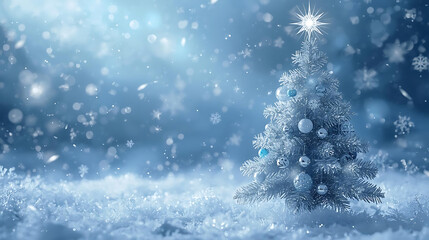 Sparkling Winter Fantasy: A Christmas tree glistens in a serene winter wonderland, embraced by falling snowflakes and a touch of magic.