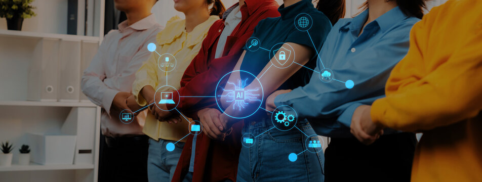A diverse group of professionals stands united in a modern workspace, surrounded by digital icons that represent technology, AI, and teamwork. Trope