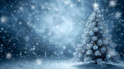 Winter Wonderland: An elegant, decorated Christmas tree stands as the focal point against a backdrop of soft snowfall.