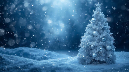 Winter Wonderland: A solitary Christmas tree stands adorned in the enchanting depths of a winter night, with gentle snowflakes in the air.
