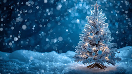 Winter's Embrace: A Christmas Tree Adorned in the heart of a snowy landscape, a Christmas tree shimmers with lights, and the gentle fall of snowflakes.