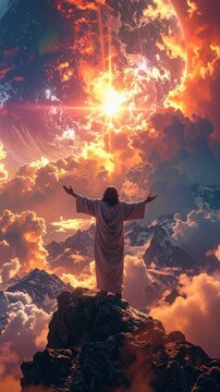 Jesus christ with outstretched arms standing on mountain peak looking at a glowing sky and planet.