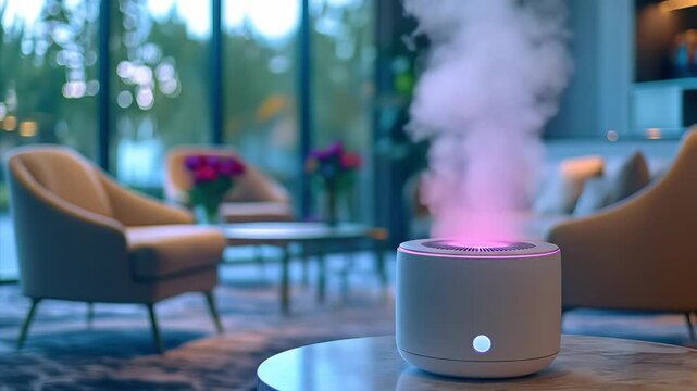 White diffuser with pink light emitting mist in a modern lounge setting