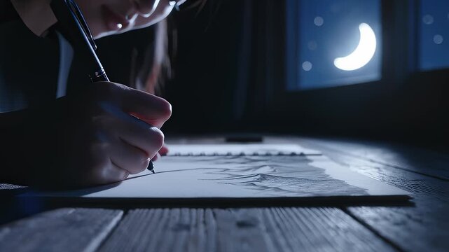 Close Up of Artist Drawing Landscape at Night With Crescent Moon