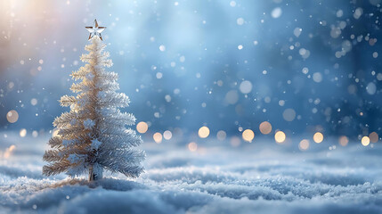 Winter Wonderland Christmas Tree: An ethereal winter scene features a glistening Christmas tree adorned with a radiant star, standing in a serene.