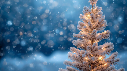 Sparkling Winter Embrace: A serene, snow-dusted Christmas tree radiates warmth amidst a gentle snowfall and a cool, soft blue backdrop. It's a scene of pure winter joy. 