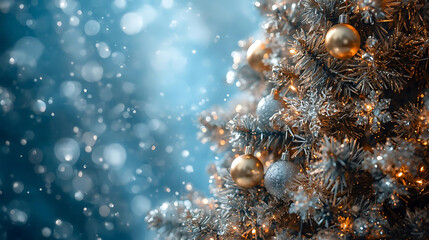 Holiday Cheer: Christmas tree sparkling with ornaments, lights and snowflakes and creating a festive and magical atmosphere.