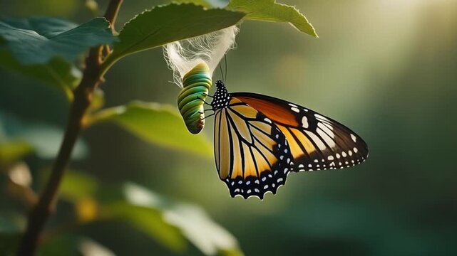 A vibrant monarch butterfly emerges from its chrysalis, symbolizing the beautiful process of metamorphosis and new life.