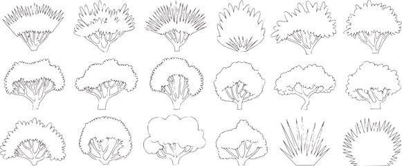 Collection of black and white line art trees and plants
