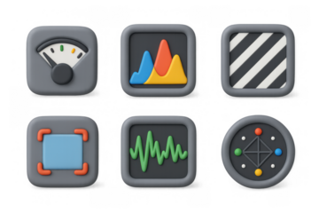 Simple cartoon icon set featuring graphs, gauges, and geometric patterns for digital interface design