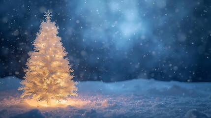 Festive Glow in Winter Wonderland: A brilliantly illuminated Christmas tree, standing majestic amidst a softly falling snow in a winter wonderland. A perfect capture of the holiday spirit.