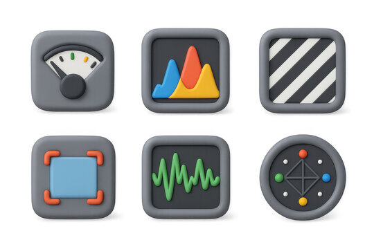 Simple cartoon icon set featuring graphs, gauges, and geometric patterns for digital interface design