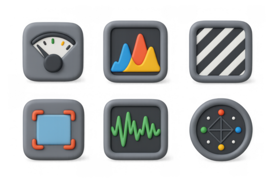 Simple cartoon icon set featuring graphs, gauges, and geometric patterns for digital interface design