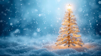Winter Wonderland's Illumination: A snow-dusted Christmas tree, radiant with twinkling lights, sparkles amidst a serene snowfall, bringing the joy and warmth of the season.
