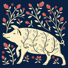 Folk Art Pig with Pomegranate Vines Pig Illustration with Floral Elements seamless pattern