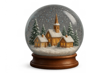 Snow globe containing a miniature winter village with glowing church and houses, falling snow, transparent background