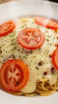 A tantalizing close-up shot captures a steaming plate of hot spaghetti generously topped with a blanket of melted, creamy white cheese. Vibrant red tomato slices are artfully arranged, creating a stri