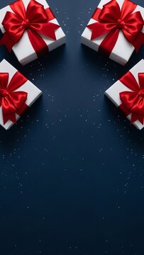 Four white gift boxes with red bows on a dark blue background with sparkles silhouette