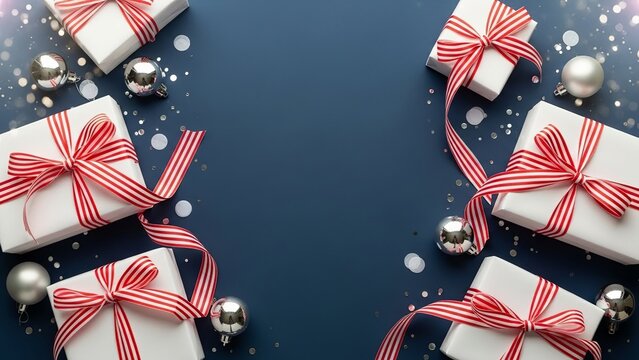 Overhead shot of white gift boxes with red striped ribbon on a blue background silhouette