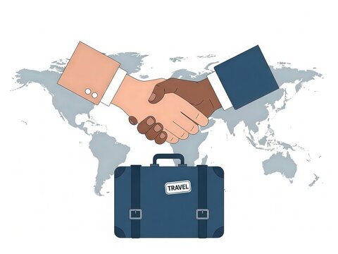 Global business partnership handshake over a travel suitcase and world map