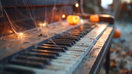 Abandoned piano decorated with pumpkins and lights in a spooky outdoor setting