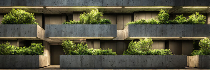 Panoramic view of a brutalist concrete building facade featuring balconies overflowing with green bushes and plants creating a vertical garden.