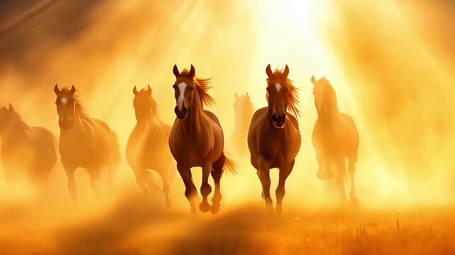 Majestic horses galloping through golden sunset rays in a dreamlike scene