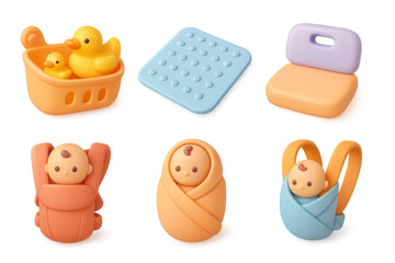 Baby care essentials illustration with toys and accessories for parenting design