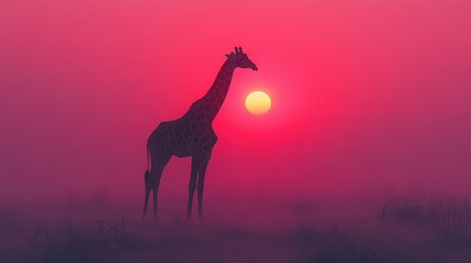A striking silhouette of a giraffe is set against a vibrant pink and orange sunset sky, creating a peaceful and majestic image.