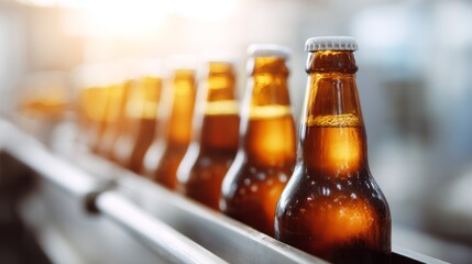 Bottles filled with golden beer glide down a shining conveyor belt in a modern brewery. The warm afternoon light creates a sparkling effect, enhancing the lively atmosphere of the brewery