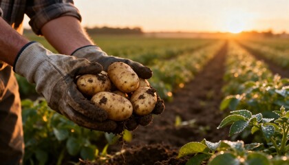 Farmer holding a fresh harvest of potatoes in a field at sunrise. Close-up of hands with organic vegetables from the farm