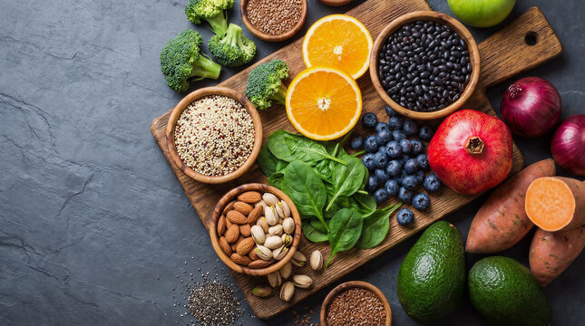 Balanced diet nutrition concept with variety of organic raw vegan ingredients and antioxidants - Powered by Adobe