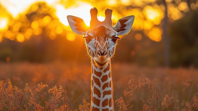 A majestic giraffe silhouetted against a vibrant sunset in a field of tall grass. The warm colors create a serene and beautiful scene. - Powered by Adobe
