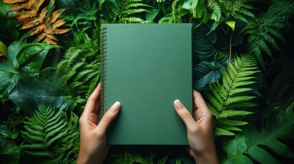 A hand delicately holds an open green notebook with a golden spine, set against a backdrop of vibrant lush ferns, evoking a sense of creativity, knowledge, and natural beauty.