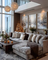 Luxury penthouse with Christmas-themed art pieces and soft glowing lights Modern Luxury Christmas Interior Classic and Traditional Luxury Christmas Decor
