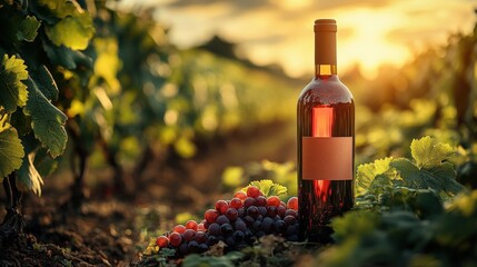 A bottle of red wine rests amongst ripe grapes in a sun-drenched vineyard, illuminated by the warm hues of sunset. The scene evokes a sense of luxury, harvest, and tranquility.