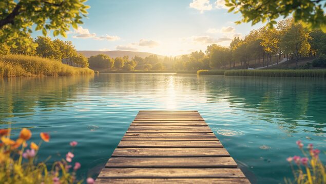 Peaceful Lakeside View at Sunrise with Wooden Dock and Surrounding Nature