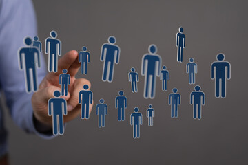 Concept of global communication, network, and social media with people symbols. Digital interface, teamwork, an