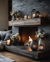 Modern luxury fireplace area with festive decorations, elegant candles Modern Luxury Christmas Interior Classic and Traditional Luxury Christmas Decor