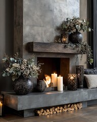 Modern luxury fireplace area with festive decorations, elegant candles Modern Luxury Christmas Interior Classic and Traditional Luxury Christmas Decor