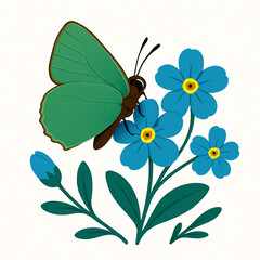 Minimalist and vibrant vector collection of different butterfly species sitting on spring and summer flowers. Flat design for digital projects, greeting cards, and nature-themed graphics.