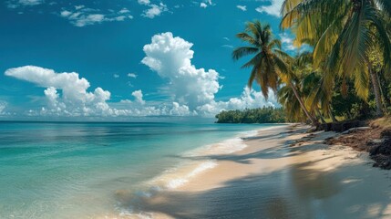 Panorama of a beautiful tropical beach with palm trees and blue sky