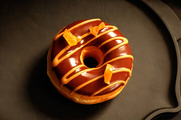 Chocolate Glazed Donut with Caramel Drizzle and Candied Toppings on Dark Background