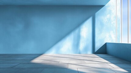 Cool blue abstract backdrop with sunlight and blurred shadows, perfect for product display.