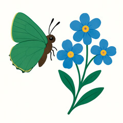 Minimalist and vibrant vector collection of different butterfly species sitting on spring and summer flowers. Flat design for digital projects, greeting cards, and nature-themed graphics.