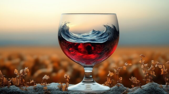 A glass of rich red wine sits amidst gentle waves, creating a serene and captivating scene. Evokes feelings of relaxation, luxury, and the beauty of nature.