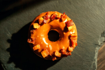 Caramel Glazed Donut with Crunchy Toppings on Dark Stone Background