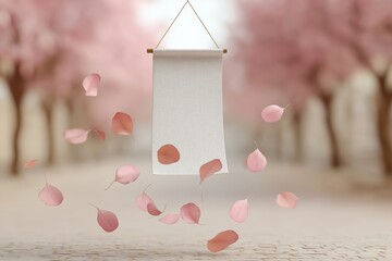 Fototapeta premium White blank mockup banner in park, cherry blossom petals falling, soft pink background, springtime atmosphere
